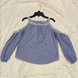 Living Doll Blue Ruffled Cold Shoulder Blouse